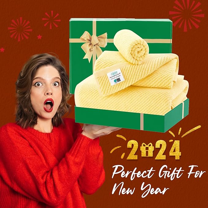 Yellow Towels for Bathroom - 100% Cotton | Quick Dry | Soft | Thick | Large, 3 Piece Towel Set, 1 Large Bath 30" x 56", 1 Hand 18" x 28", 1 Wash Cloth 13" x 13", Bathroom Essentials, Lemon Glow