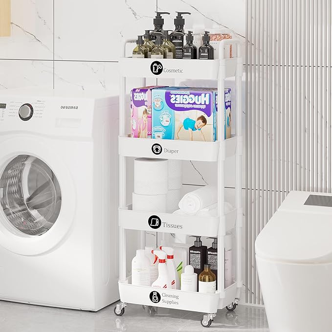 Laiensia 4-Tier Storage Cart,Multifunction Utility Rolling Cart Kitchen Storage Organizer,Mobile Shelving Unit Cart with Lockable Wheels for Bathroom,Laundry,Living Room,With Classified Stickers,White