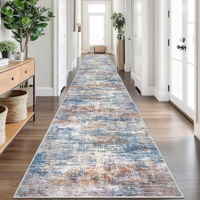 IOHOUZE Abstract Runner Rug 3x20 Ft Extra Long Washable Runners for Hallways, Non Slip Kitchen Runner Printed Faux Wool Entryway Runner Indoor, Modern Abstract Floor Carpet for Hall Stair, Blue Rust