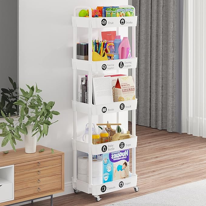 Laiensia 5-Tier Rolling Cart with Wheels,Multifunction Utility Storage carts, Kitchen Storage Organizer,Mobile Shelving Unit for Bathroom,Laundry,with Classified Stickers,White