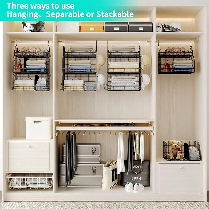 HapiRm Hanging Closet Organizer Storage - 3 Tier Metal Stackable Hanging Closet Shelves with Dividers and S Hooks, Foldable Clothes Shelves for Clothes, Pants, Shoes, Coat, Hats Clutches Accessories