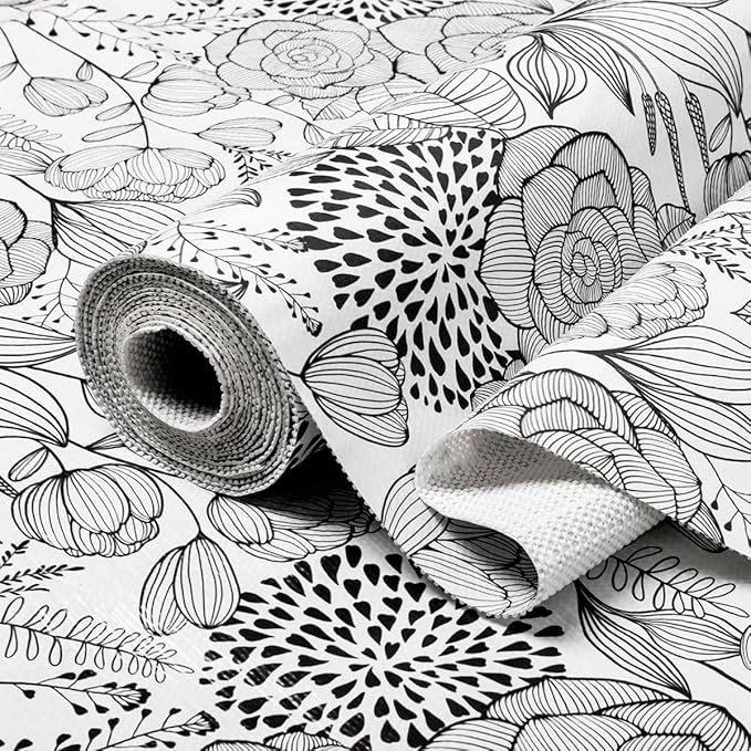 Shelf and Drawer Liner for Kitchen Cabinets, Non-Adhesive and Strong Non-Slip Floral Shelf Cabinet Drawer Liners, Waterproof Thickened Shelf Liner,Easy to Clean,Black and White,12IN x 10FT