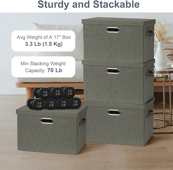 Large 17" 36 Quart Collapsible Stackable Storage Bins with Lids, 3 Packs Dark green Foldable Fabric Closet Storage Boxes with Lids, Heavy-duty Linen Cube Baskets(17x12x11)