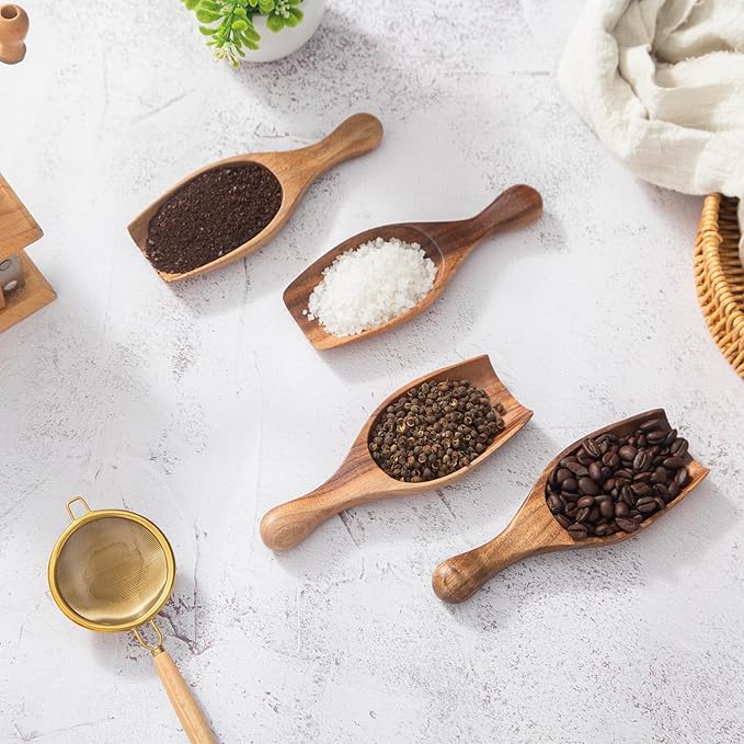 Wooden Coffee Scoop, 4 Pcs Coffee Spoons for Ground Coffee, Tea, Sugar, Wooden Scoops for Jars Small Scoops for Canisters, Bath Salts, Laundry Detergent (Acacia Wood)