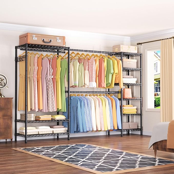 Expandable Heavy Duty Garment Rack Clothes Rack,Large Metal Closet Organizer System Storage Wardrobe,Freestanding Clothing Rack with 9 Adjustable Wire Shelves&3 Hang Rods,MaxLoad 1500lbs