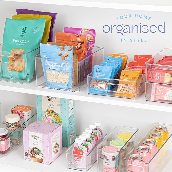 Plastic Food Storage 8 Pack Clear Container Bin with Handles for Organizing Kitchen, Pantry, Fridge, Freezer, Pantry,Bathroom. 10"x4"3"