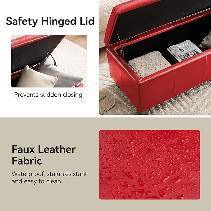 41" Faux Leather Storage Ottoman, Stitch Tufted Rectangle Upholstered End of Bed Storage Bench, Entryway Large Couch Ottoman with Wooden Legs,Red