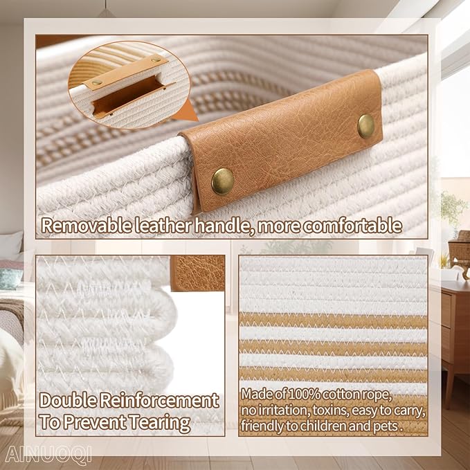 Laundry Hamper Large Laundry Basket with Leather Handles, Decorative Storage Cotton Rope Woven Basket for Blankets, Clothes Hamper for Living Room, Jute & White, 85L