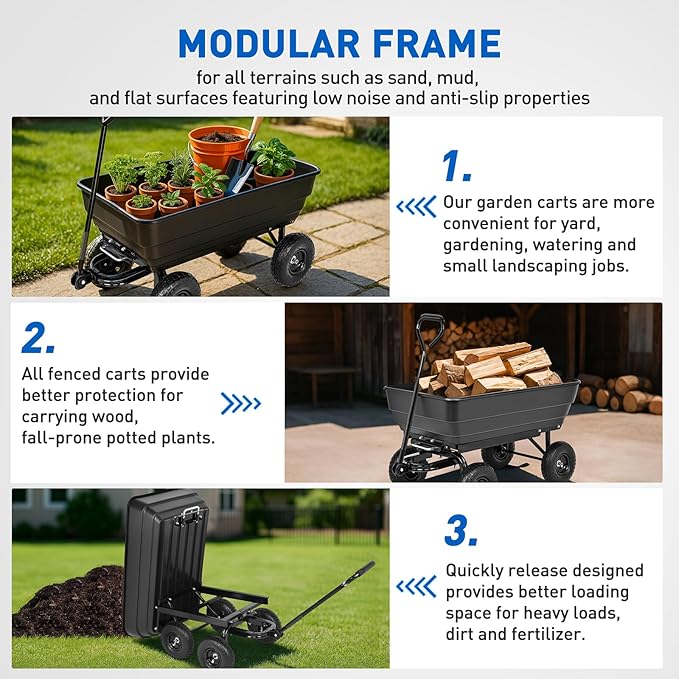 Yesker Garden Carts - 900lbs Dump Wagon with All Terrain Inflatable Wheels for Yard Lawn Farms Gardening - Heavy Duty Utility Outdoor Hauling Wheelbarrow
