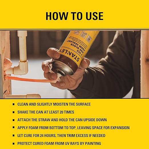 Stanley F952 Fire Block Spray Foam – (12x12oz) Fire Rated Expanding Polyurethane Foam Sealant for Gap Filling & Sealing on Doors, Windows, Walls, Pipes & Joints – Indoor/Outdoor Straw Use | 12 Pack