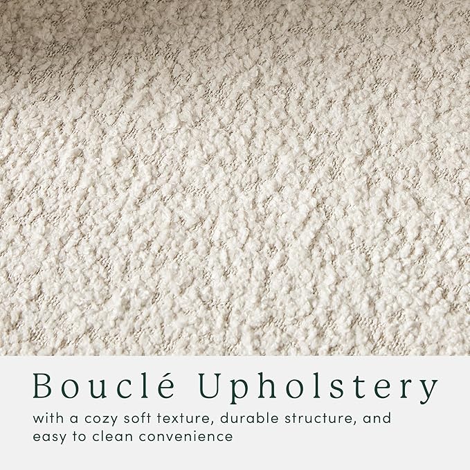 Walker Edison Linley Contemporary Small Storage Bouclé Ottoman with Wood Legs, Ivory