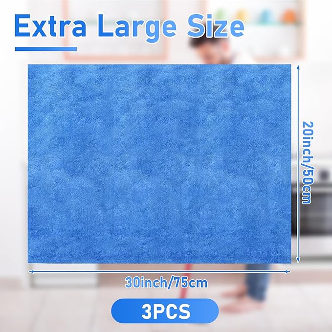 Newwiee 3 Pcs Extra Large Microfiber Cleaning Cloth 30" x 20" Washable Reusable Microfiber Towel Streak Free Lint Free Cloth for Cleaning Home Glass Office Window Bathrooms (Blue)