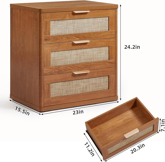 LEYAOYAO Rattan Night Stand Set of 2 with Drawers, 23" Large 3 Drawer Boho Nightstand, Natural Wood Bedside Table Storage Cabinet, Bed Side End Tables Dresser for Bedroom, Living Room, Hallway, Closet