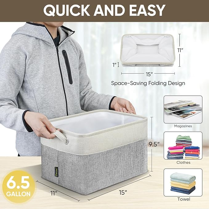 BALEINE 4 Pack Fabric Storage Bins for Shelves, Linen Storage Baskets for Organizing, Decorative Closet Bins for Clothes, Home (Grey, 15"x11"x9.5")