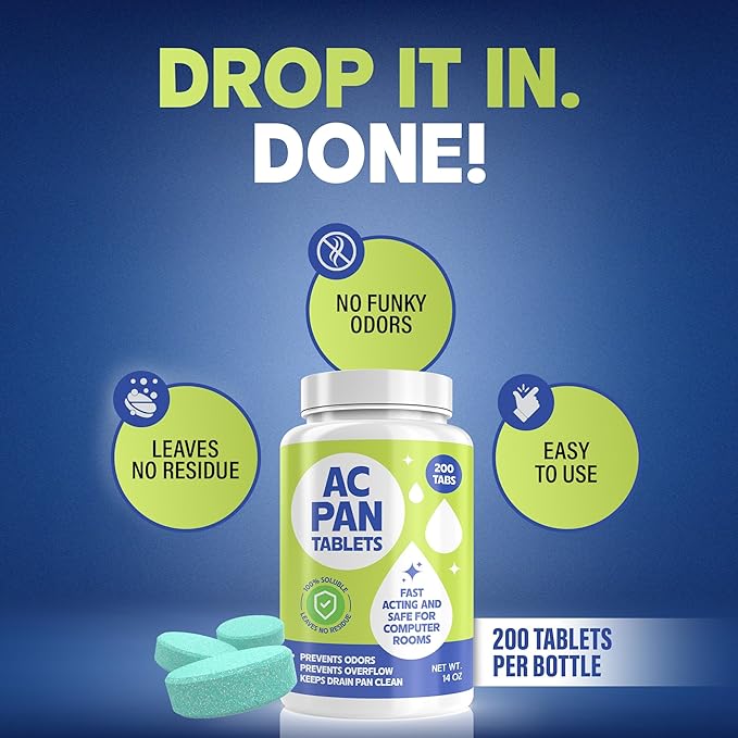 200 Tablets AC Drain Line Cleaner- No-Residue, Water-Soluble, Fast-Acting Pan Treatment for HVAC, Window Units, Mini-Splits, Dehumidifiers and Refrigerators System Maintenance