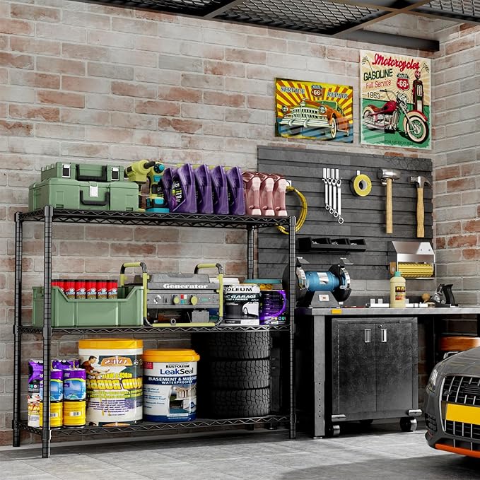 Storage Shelves, 48" L x 20" W x 47" H Heavy Duty Garage Wire Shelving Unit Loads 1200LBS, 3-Tier Adjustable Metal Industrial Utility Shelf Rack for Kitchen, Laundry Room, Basement
