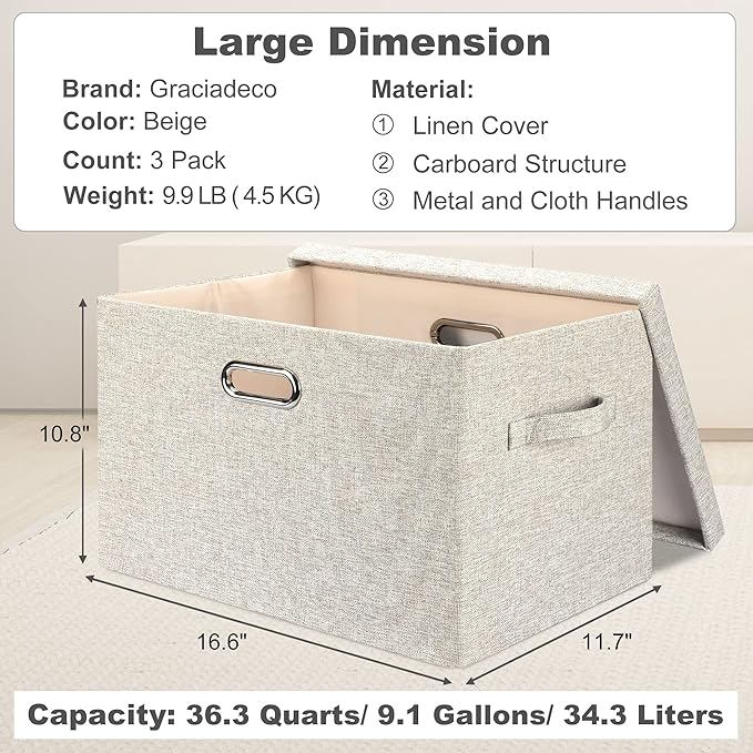Large Quart Collapsible Stackable Storage Bins with Lids, 3 Packs Beige Linen Fabric Closet Boxes with Lids, Storage Cube Baskets Container Organizers for Bedroom Office(16.6 x 11.7 x 10.8)