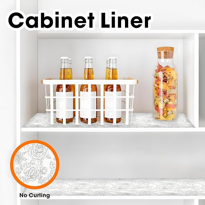 Drawer and Shelf Liner for Kitchen Cabinets Non-Adhesive, Non-Slip Cabinet Liner Shelf Paper Strong Grip Waterproof Easy to Clean for Kitchen Shelves Cupboard, Flower,17.5IN X 30FT