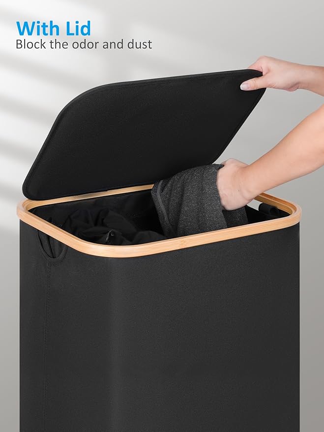 efluky Laundry Basket with Wheels, Tall Rolling Laundry Hamper with Lid and Removable Bag, Aesthetic Dirty Clothes Hamper on Wheels for Laundry Room, Bedroom, Dorm and Bathroom, 100L Black