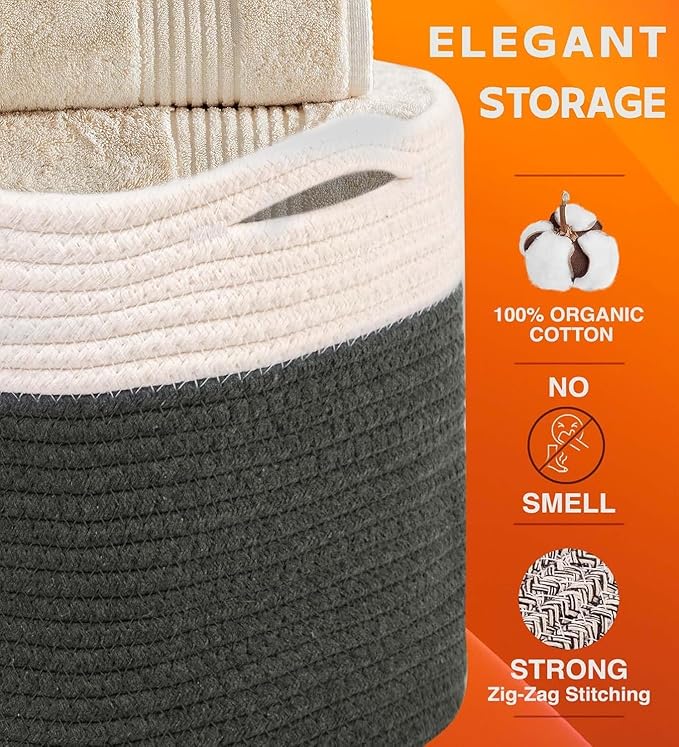 CHAT BLANC Cotton Rope Baskets for Organizing | Storage Baskets for Shelves | Rope Basket for Storage, Small Laundry Baskets, Woven Baskets for Storage, Dog Toy Bin, Baby Basket, White&Graphite 3 Pack