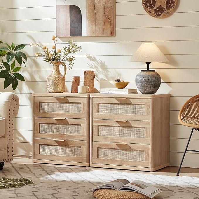 LEYAOYAO Rattan Night Stand Set of 2 with Drawers, 23" Large 3 Drawer Boho Nightstand, Natural Wood Bedside Table Storage Cabinet, Bed Side End Tables Dresser for Bedroom, Living Room, Hallway, Closet