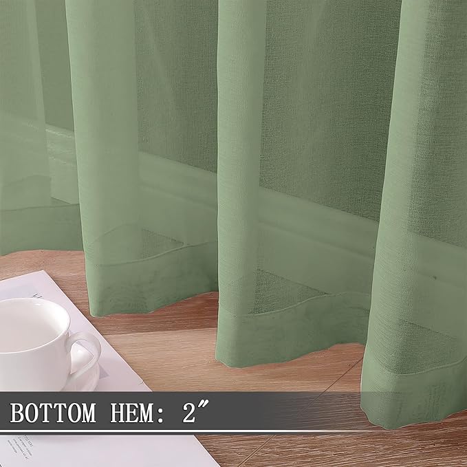 Tollpiz Sheer Tier Curtains Kitchen Linen Textured Half Curtain Sheers Light Filtering Rod Pocket Voile Bathroom Short Curtains for Farmhouse, 25 x 30 inches Long, Sage Green, Set of 2 Panels