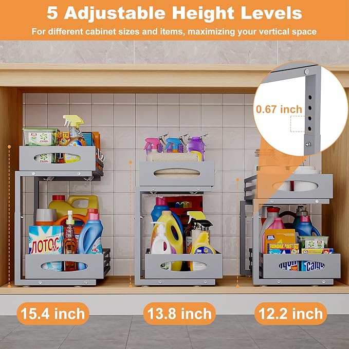 Under Sink Organizer, 2 Tier Under Sink Organizers and Storage, Adjustable Height, Slide Out Metal Cabinet Organizers, Pull Out Cabinet Storage Drawer Shelf for Kitchen Bathroom Gray, 2 Pack