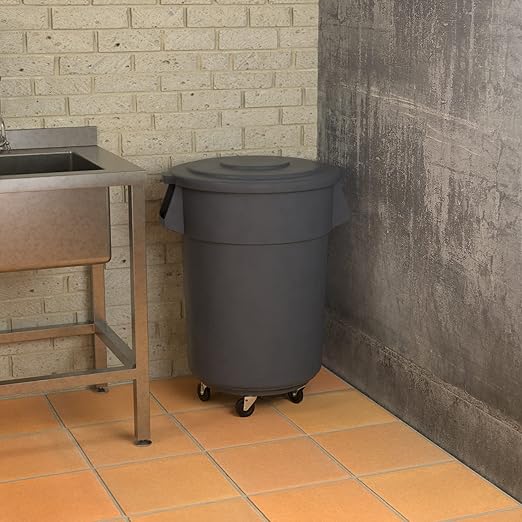 55 Gallon Gray Round Commercial Trash Can with Lid and Dolly