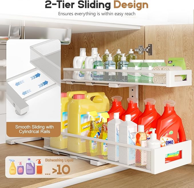 2 Pack 20.47IN Depth Under Sink Storage Organizer, Large 2-Tier Elegant Mesh Pull Out Shelf for Kitchen and Bathroom Cabinet Organization, L-Shaped and Adjustable Height Design-White