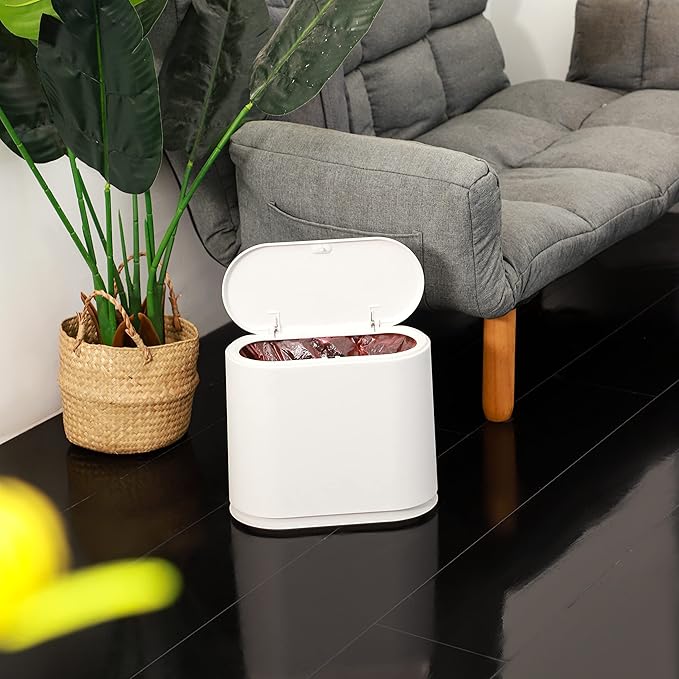 White Slim Bathroom Trash Can with Press Top Lid,12 Liter Small Thin Garbage Can,3.17 Gallon Narrow Dog Proof Plastic Waste Basket and Covered Wastebasket for Room,Bedroom,Kitchen,Toilet,Office,Dorm