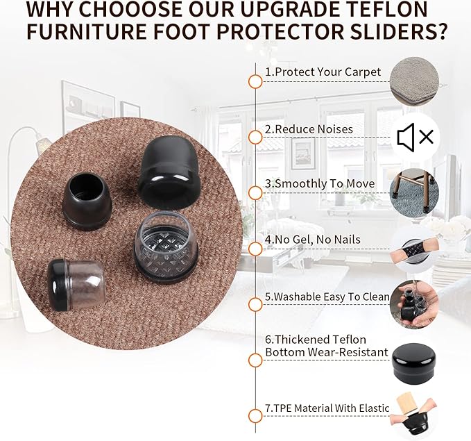 Ezprotekt 24 Pcs Clear Chair Leg Sliders for Carpet, Round Teflon Furniture Glides for Rug, Carpet Sliders Protectors Caps for Dining Table Chair, Bar Stool Legs (L Fit: 1-1/10" to 1-3/10")