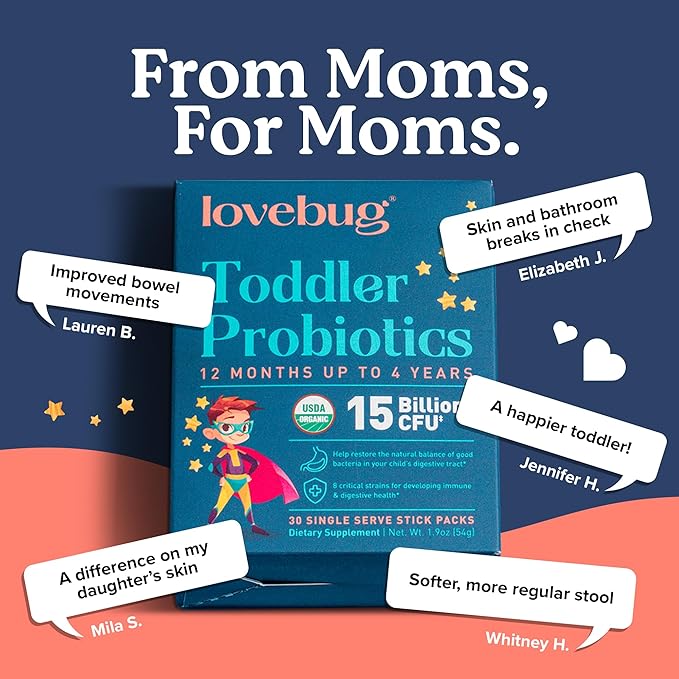 LOVEBUG Kids Probiotic Powder with Prebiotic Fiber - Toddler Immunity Support & Constipation Relief - USDA Organic Probiotics for Childrens Gut & Digestive Health (Ages 1-4) - 60 Pack (Unflavoured)
