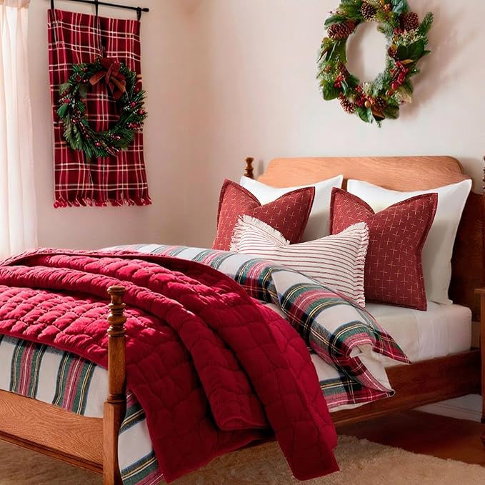 ZWJD Christmas Pillow Covers 12x20 Set of 2 Soft Polyester Textured Pillowcases with Stylish Flange Edge Cozy Farmhouse Christmas Pillows for Couch Bed Sofa Living Room (Red)