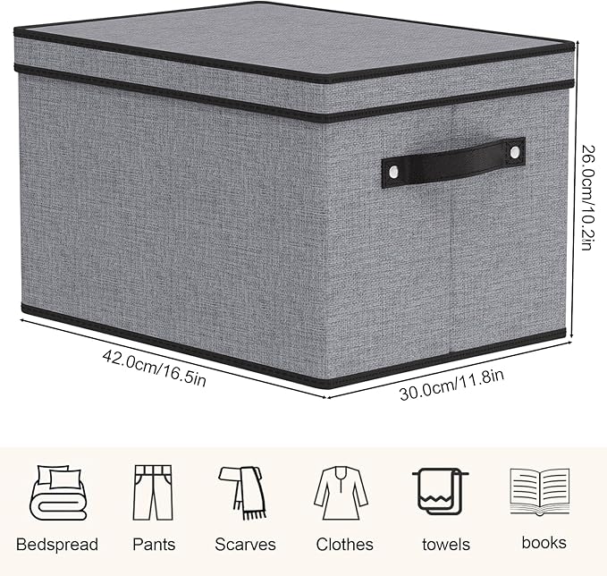 Clothing Storage Bins, Blanket Baskets for Shelves, Fabric Cubes with Handles and Lids, Decorative Linen Closet Organizers Boxes, Gray, 1 Pack, 16.5 x 11.8 x 10.2 Inch
