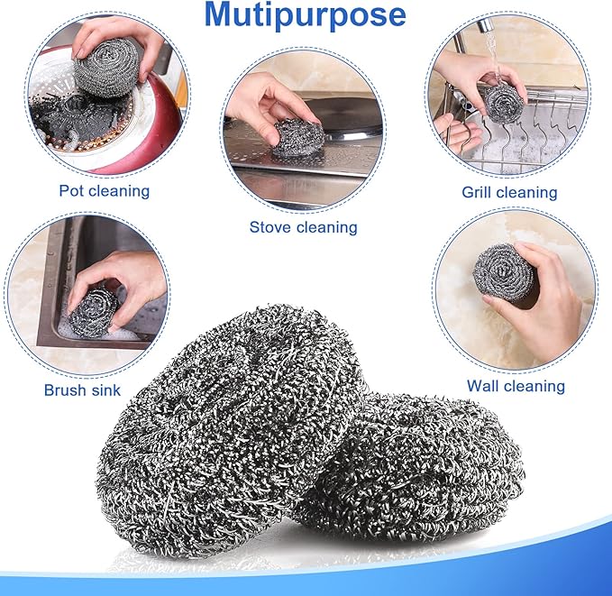 12Pack Upgraded Steel Wool Scrubbers - Premium Stainless Steel Scrubber, Metal Scouring Pads, Steel Wool Pads, Kitchen Cleaner, Heavy Duty Cleaning Supplies - Especially for Tough Cleaning