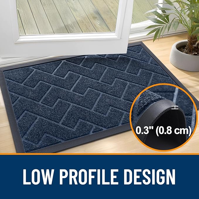 OLANLY Front Door Mat Indoor Outdoor Entrance, Waterproof All-Season, All-Weather Doormat, Sturdy Natural Rubber, Low Profile, Easy Clean Patio Porch Entryway Mat, Herringbone Brick (Blue, 47x32)