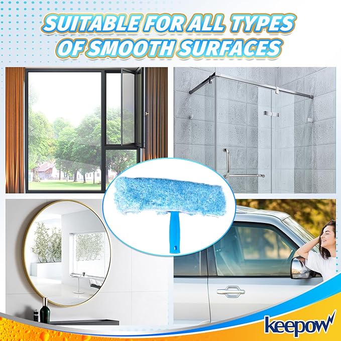 KEEPOW 10" Professional Microfiber Window Scrubber Refill Replacement Compatible with MR.SIGA, Compatible with Ettore Window Cleaning Tools, Reusable & Washable Window Squeegee for Home (2 Pack)