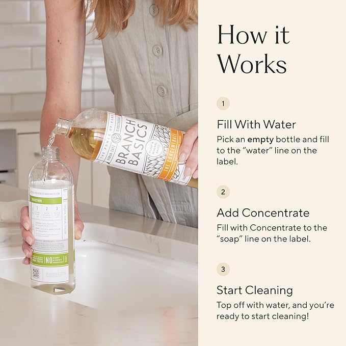 Branch Basics Cleaning Essentials Kit: All Purpose Spray, Glass Cleaner, and Bathroom Cleaner - Concentrate (33.8 Oz) + Plastic Spray Bottles for Cleaning (24 Oz) Non-Toxic, Fragrance-Free