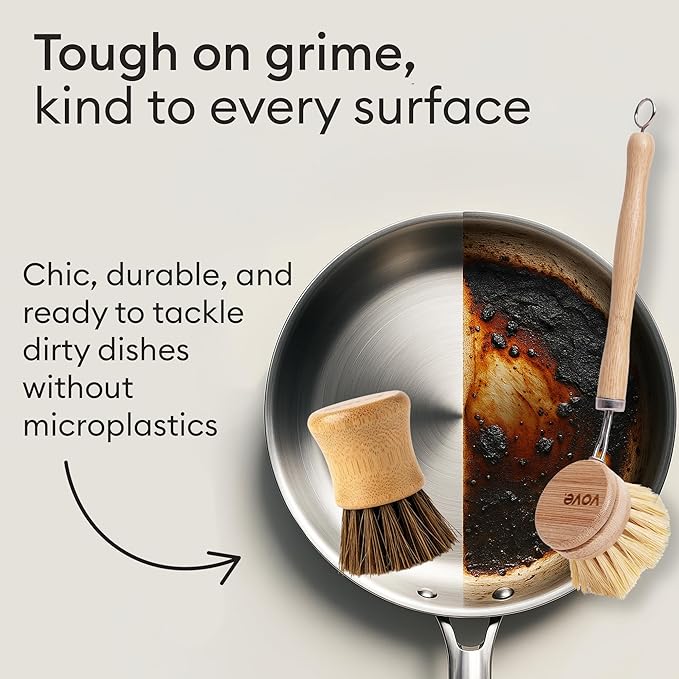 Vove Dish Brush Bundle - FSC-Certified Bamboo Dish Brush & Scrub Brush, 3 Replacement Heads - Natural Fiber Bristles - Non-Toxic, Plastic-Free Kitchen Set