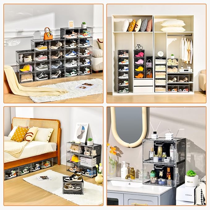 New 8 Pack Shoe Boxes Stackable, Large Shoe Storage Organizer with Lids,Drop Side Shoe Containers for Entryway,Sneaker Storage Fit up to US Size 13 for Men/Women(13’’x 10.6”x 8.3”)