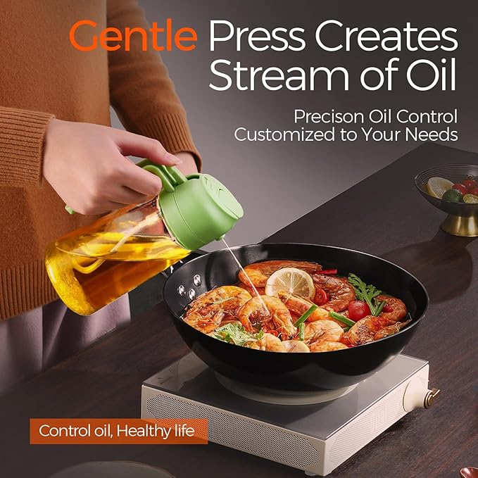 YARRAMATE 16oz/470ml Glass Olive Oil Sprayer for Cooking with Stickers, 2 in 1 Oil Dispenser for Kitchen Gadgets, Food Grade Premium Spray Bottle with Portion Control for Salad, Frying, BBQ (Green)