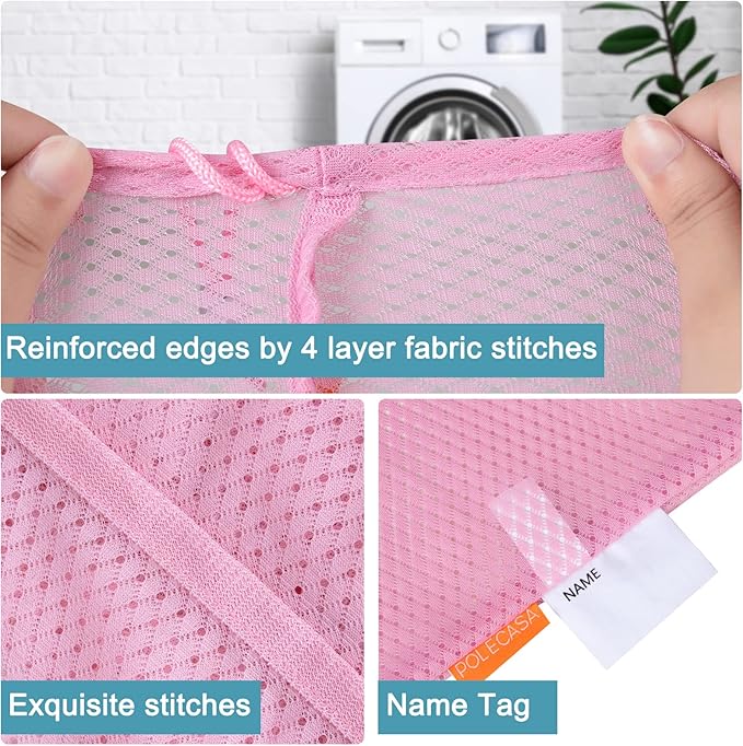 Polecasa Heavy Duty Diamond Large Mesh Laundry Bag with ID Tag and Locking Drawstring Closure - 24 x 36 inches - Laundry Hamper Liner, Washable Laundry Bags for Travel, Sports, Dorms (Pink)