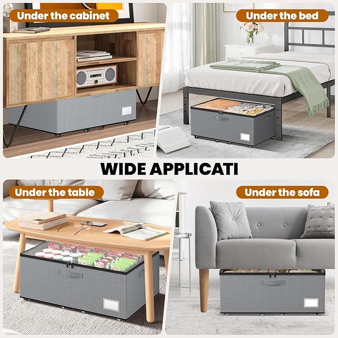 Underbed Storage with Wheels, 2 Pack Under Bed Storage Containers with Clear Lids, No Assembly Required 10.1 inch Rolling Under Bed Storage for Clothes, Grey