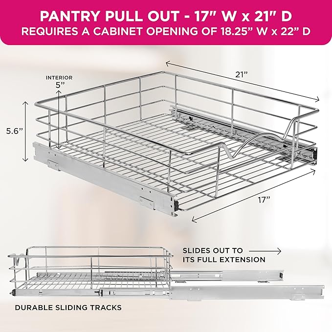 HOLDN’ STORAGE Heavy-Duty Premium Collection Pull Out Cabinet Organizer, Cabinet Drawer Slide Outs, Lifetime Limited Warranty - Basket Size 17" W x 21" D x 5" H, Anti-Rust Chrome Finish