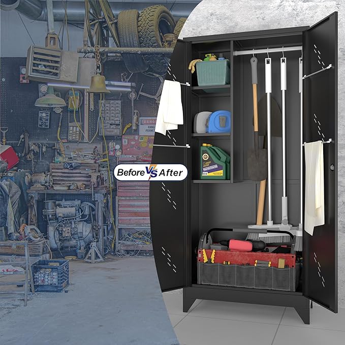 Metal Storage Cabinet with Lock Door, 75" Tall Garage Storage Cabinet with Hanging Rod, Broom Closet Bathroom Storage Cabinet, Cleaning Tool Cabinet