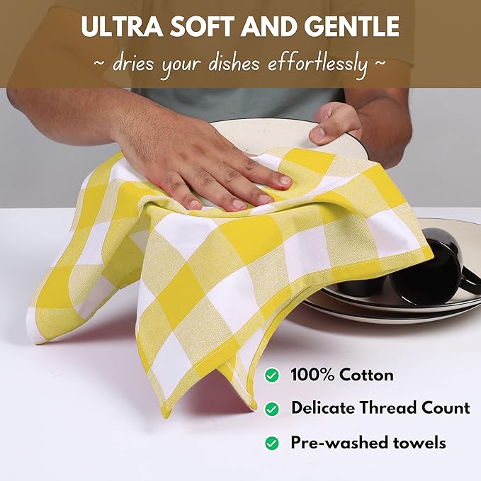 Native Fab Yellow Buffalo Dish Towel 16"x26", Set of 12 - Cotton Plaid Towels, Soft Absorbent Dishcloths with Hanging Loop, Kitchen Towels for Quick Drying - Yellow White