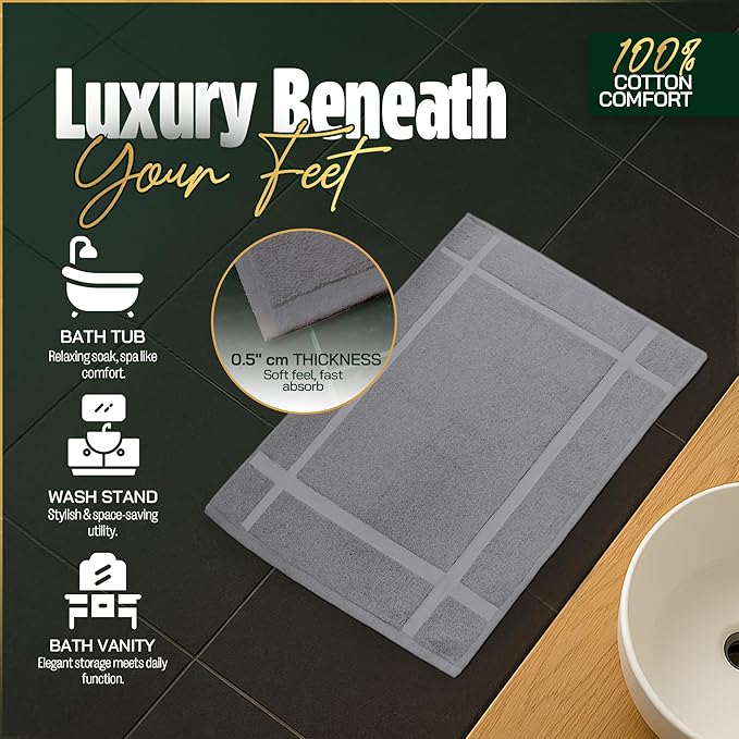 Pearl Linens Pack of 6 Washable Cotton Bath Mat 18x25 - Soft & Absorbent Quick Dry Bathroom Mat Set, Not Bathroom Rugs After Shower Mat, Terry Bath Tub Mat, 687 GSM Light Grey