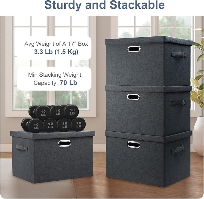 Large 17" 36 Quart Collapsible Stackable Storage Bins with Lids, 3 Packs Dark Gray Foldable Fabric Closet Storage Boxes with Lids, Heavy-duty Linen Cube Baskets(17x12x11)