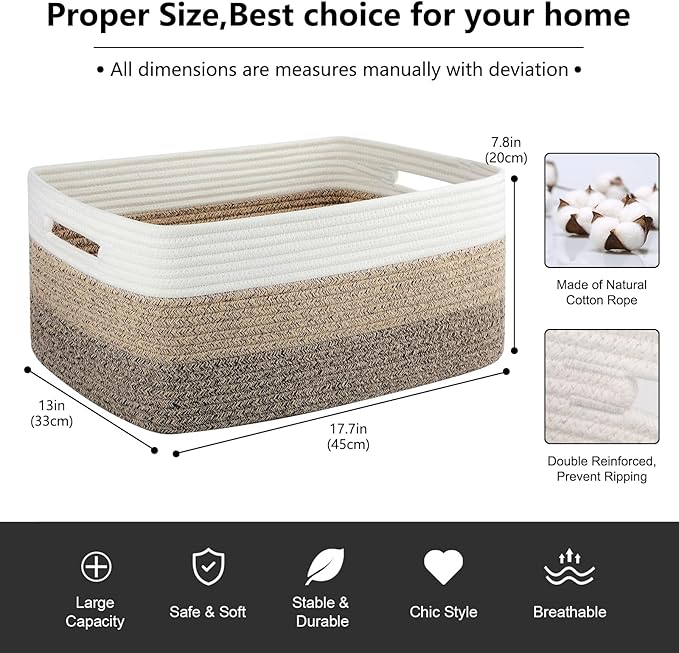 Large Storage Basket for Organizing, Woven Rope Basket for Shelves, Closet Organizer Bins for Clothes, Blanket, Toys, Baby Nursery Storage, 17.7" x 13" x 7.87", 2 Packs Yellow