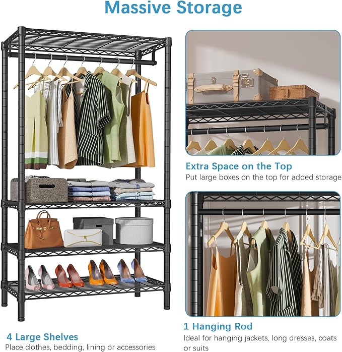 VIPEK V1 Wire Garment Rack 4 Tiers Heavy Duty Clothes Racks for Hanging Clothes Large Clothing Rack Freestanding Closet with Hanging Rod, 35.4'' L X 15.7'' W X 70.9'' H, Max Load 500LBS, Black